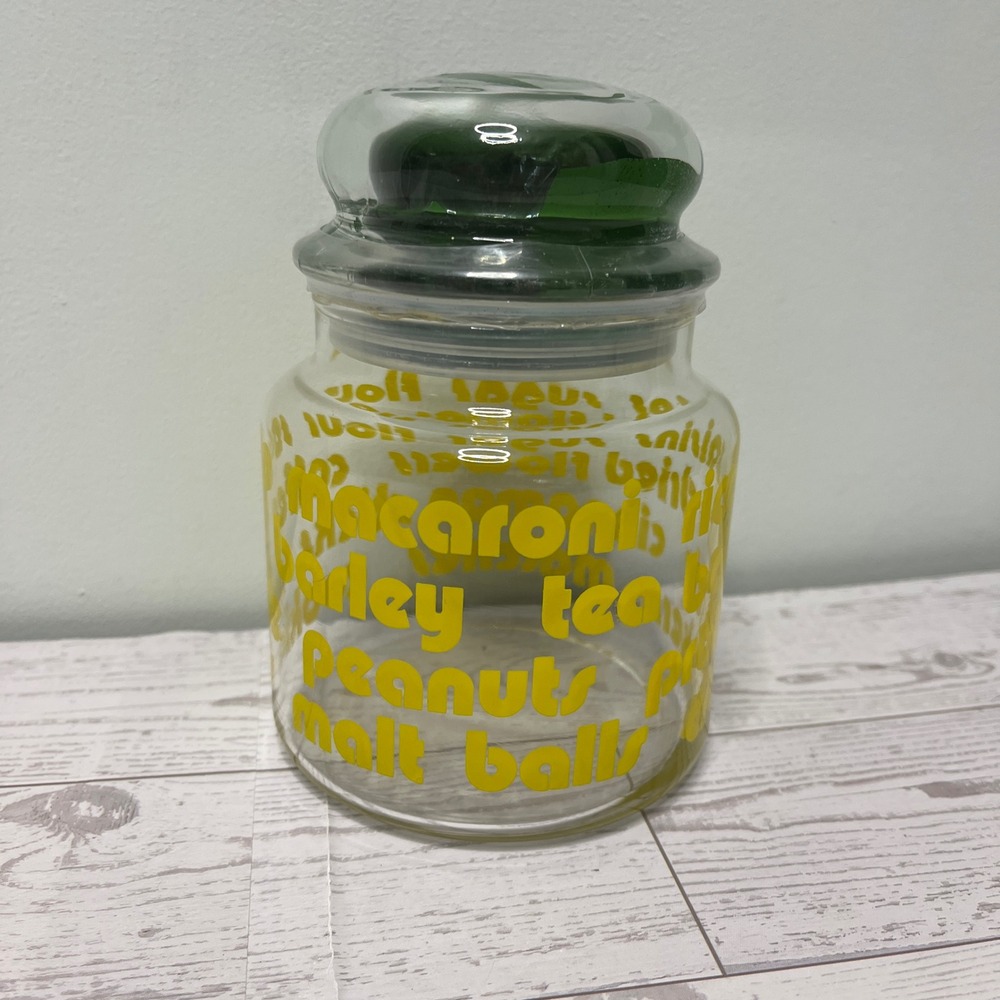 VTG Glass Kitchen Canister Yellow Typography Print Green Bubble Lid Jar MCM 70s